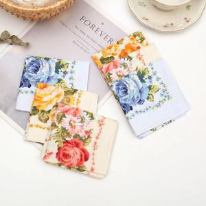 6Pcs 여성용 면 인쇄 손수건 빈티지 향수를 불러일으키는 얇은 흡수성 땀 닦는 꽃 43cm