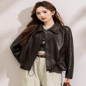 여성을위한 캐주얼 짧은 정품 가죽 자켓 봄 가을 하이 엔드 단순 조절 가능한 허리 디자인 부드러운 진짜 양가죽 코트