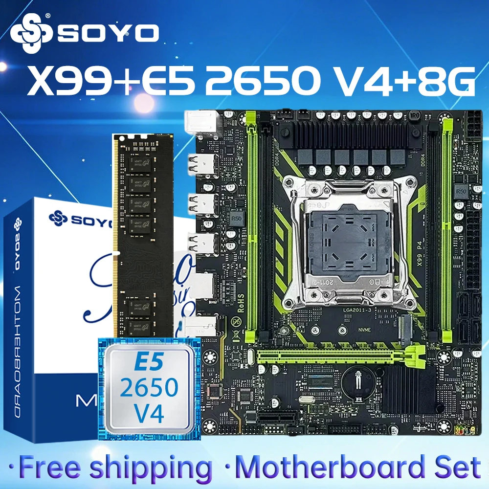 SOYO X99 TPM2.0 마더보드 세트(LGA2011-3 CPU E5 2650 V4 DDR4 8GB 2133MHZ 메모리 M.2 SATA3.0 USB3.0 컴퓨터 구성 요소 포함)
