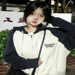 미국 빈티지 컬러 블록 후디 여성용 루즈핏 오버사이즈 카디건 후드 재킷