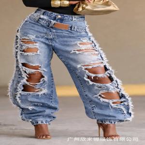 2026 신상 여름 여성 워싱 데미지 진 루즈핏 스트레이트 레그 드로스트링 발목 묶음 캐주얼 데님 팬츠 데일리룩