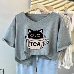 플러스 사이즈 6XL 150KG 여름 고양이 프린트 여성 코튼 티셔츠 반소매 V 넥 레이디 탑 빅 대형 T 셔츠 여성 의류