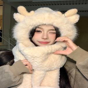 새로운 여성용 겨울 모자 세트, 귀여운 플러시 후드 스카프와 따뜻한 장갑 칼라 세트