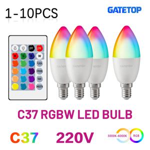 1-10PCS C37 캔들 LED 전구 RGB 6W 24키 리모컨 조광 가능 E14 AC100-240V 침실 거실 램프용 컬러풀 변환
