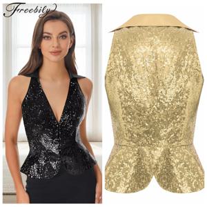 Womens Sequin Vest Lapel Sparkly Cosutme 민소매 조끼 나이트 클럽 재즈 댄스 파티 Dressy Tops Rave Music Festival Waistcoat