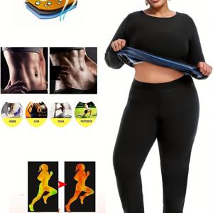 TEMU 2pcs 플러스 사이즈 여성용 운동 세트, 사우나 요가 의상, 내성 코팅, 흡습성, 요가 및 피트니스 웨어, 플러스 사이즈 긴팔 상의 및 사우나 바지