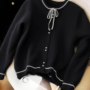 TEMU 여성용 프렌치 스타일 가디건, 리본과 라운드넥 디자인, 봄/가을에 완벽, 우아하고 활용도 높은 탑