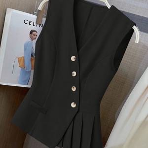 TEMU 여성용 라펠 오픈백 민소매 앞단추