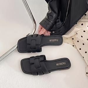 TEMU 플랫 바닥 사각발가락 한국 스타일 여성용 로우힐 (3cm 미만) 반짝이는 슬리퍼, 빅사이즈 35-43, 여성 신발