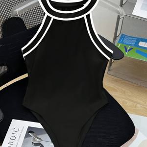 TEMU 여성용 홀터넥 섹시 심플 패션 대비 컬러 바디슈트 YTD