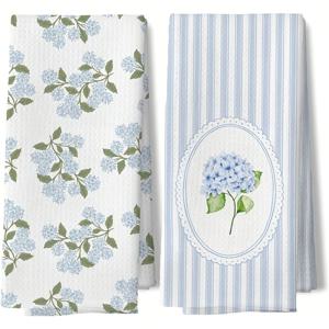 TEMU 2개 라이트 블루 수국 플로럴 프린트 주방 타월 욕실용, 16X24인치 흡수성 와플 직조 주방 타월, 블루 수국 플로럴 핸드 타월 욕실 장식 선물