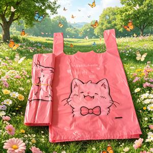 25개 핑크색 귀여운 고양이 비닐봉투, 선물용 가방, 슈퍼마켓 쇼핑백, 제품용 가방, 휴대용 조끼형 토트백, 식료품 가방, 쓰레기 봉투, 레스토랑, 소매점, 쇼핑몰, 식료품점, 추수감사절, 크리스마스, 결혼식, 할로윈에 이상적