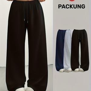 TEMU 3pcs 여성 캐주얼 와이드 레그 트라우저 세트, 탄성 허리 밴드 - 루즈한 중간 신축성 원단, 세탁기 사용 가능, 봄 여름 가을 캐주얼 웨어 운동복 바지, 조깅, 홈 미디엄 탄성 롱 팬츠 올 시즌
