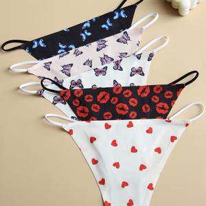 TEMU 5팩 여성 비키니 팬티, 얇은 벨트 및 로우 웨이스트 프린트 패턴 나비 사랑 여성 팬티, 동물 패턴 및 패턴 섹시 여성 팬티, 심리스, 부드럽고 편안하며 통기성 좋음