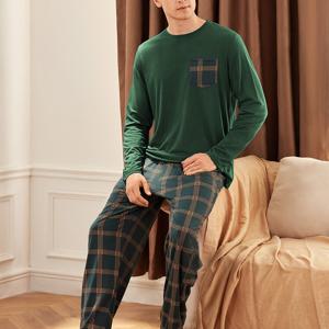 TEMU 남성용 다크 그린 긴팔 셔츠와 포켓이 있는 체크무늬 바지 파자마 라운지웨어 세트
