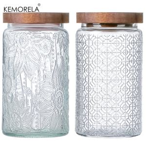 KEMORELA 1/2개 700ml/1000ml 빈티지 유리 보관용기, 밀폐 목재 뚜껑 포함 - 차, 커피, 설탕, 사탕, 쿠키, 향신료에 완벽 - 투명 식품 캐니스터, 가정용 주방 정리용 - 집들이 및 주방 애호가를 위한 훌륭한 선물