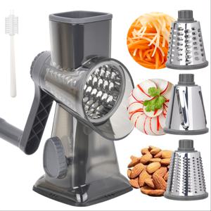 TEMU 주방용 휴대용 로터리 치즈 강판 및 야채 슬라이서 세트. 치즈, 감자, 지단, 견과류, 초콜릿을 강판하기 위한 3개의 교체 가능한 날이 특징입니다.