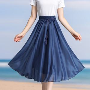 TEMU 바캉스 하우스 해변 여행 단색 쉬폰 풀 스커트 하프 스커트 여름 여성용 미드 레인지 하이 웨이스트 드레이프 힙 커버링 탄성 허리 A라인 스커트 패션 여성용 스커트|치마바지