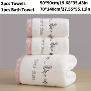 TEMU 3pcs 수건 목욕 타월 세트 레이스 자수 장미 극세사 자수 수건 목욕 타월 전원풍 스타일 커플 남녀 가정용 세수 목욕 용품 수건 2개 (50*90cm/19.68*35.43in) + 1개 (70*140cm/27.55*55.11in)