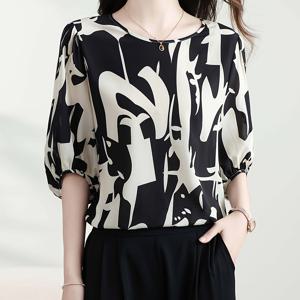 TEMU 우아한 패션 프린트 블라우스, 미디 소매 라운드넥 탑