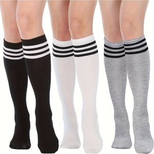 TEMU 여성용 무릎 높이 캐주얼 양말 3켤레, 솔리드 컬러 롱 양말, 따뜻한 레그 워머, 사계절 선물용