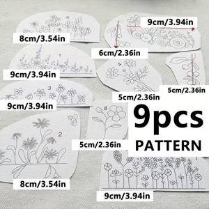 9피스 세탁 가능한 플로럴 자수 DIY 키트 | 물에 녹는 잉크 & 재사용 가능 스티커가 포함된 안정적인 청바지 포켓 패치, 의류 장식 및 공예 디자인용 찢어지는 자수 전사지, 초보자 친화적 컷-투-셰이프 디자인