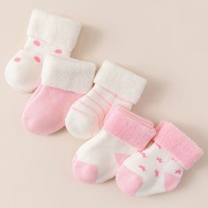 TEMU 5켤레 신생아 핑크색 편안한 부드러운 두꺼운 가을/겨울 양말, 접이식 커프스