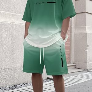 TEMU 厳選상품 남성용 새로운 패션 티셔츠와 반바지 2종 세트, 스포츠 및 레저, 해변 휴가, 산책, 스트리트웨어에 적합, 남녀공용, 땀 흡수, 그라데이션 스타일