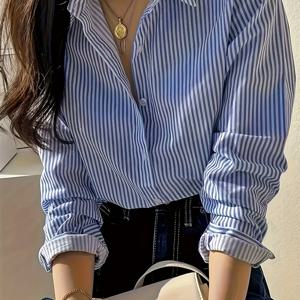 여성용 긴팔 블라우스 - 비침 방지 세로 파란색 & 흰색 셔츠, 칼라 버튼업 오피스 캐주얼 블라우스, 사계절 여성 직장복, 클래식 패턴, 편안한 핏 셔츠