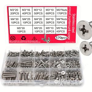 570개 스테인리스 스틸 카운터싱크 헤드 나사 및 너트 세트, 정밀 기계용 나사 M3 M4 M5, DIY 볼트 및 너트 도구 키트