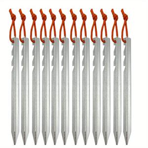 TEMU 알루미늄 합금 텐트 스테이크 12개입 - 18cm (7인치) 초경량 접지 페그, 주황색 로프 포함, 톱니 모양으로 야외 캠핑, 타프, 어닝 및 야외 텐트 강화에 적합