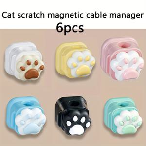 6개입 귀여운 고양이 스크래치 PVC 케이블 클립 정리함 - 강력 접착, 멀티 컬러 랜덤 믹스, 드릴 불필요, 가정 및 사무실 전선 정리용으로 적합