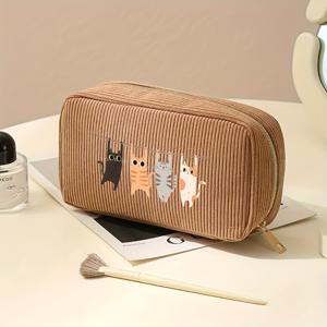 TEMU 1개 다기능 여행용 메이크업 가방, 휴대용 세면도구 가방, 코듀로이 소재로 제작된 대용량 메이크업 파우치, 귀여운 고양이 프린트, 출장 및 여행에 적합