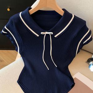 TEMU 여성용 라펠 넥타이 프론트 티셔츠 플러터 소매 곡선 허리 아이스 쿨 탑 한국 스타일 폴로 칼라 반팔 프레피 스타일 탑
