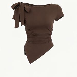 여성 봄 가을 우아한 단색 캐주얼 루즈핏 라운드넥 타이업 리본 허리 묶는 불규칙 밑단 탑 티셔츠