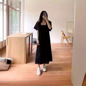 TEMU 여성 스퀘어넥 롱원피스 반팔 퍼프소매 A라인 루즈핏 체형커버 빅사이즈 빈티지 시원한 여름 꾸안꾸 하객룩 마실룩 블랙