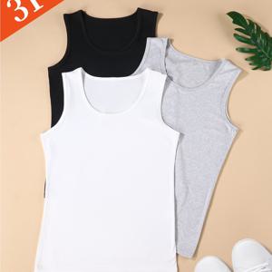 여성 여름 단색 탱크 탑 3pcs 세트 – 기본 크루넥 루즈핏 캐미 부드러운 착용감 레이어링 언더셔츠 다용도 민소매 탑 밸류팩
