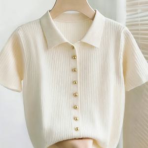 TEMU 여성용 세로 폴로 셔츠, 골드 버튼 반팔 탑, 슬림핏 통기성 원단, 우아한 단색 버튼 카디건, 캐주얼 및 출퇴근 복장 모두 가능, 가볍고 탄성 있는 기본 스타일