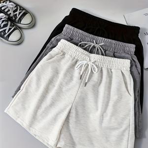 3개 세트 단색 캐주얼 포켓 반바지, 드로스트링 탄성 허리 런닝 피트니스 반바지, 여성용 운동복