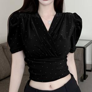 TEMU 여성 브이넥 반팔 티셔츠 랩 크롭탑 글리터 셔링 퍼프 섹시한 슬림핏 날씬해보이는 유니크 핫픽스 반짝이 큐빅 데이트룩 파티룩 페미닌 힙한 그레이