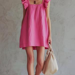 TEMU 캐주얼 루즈핏 빈티지 로즈 레드 - 러플 슬리브리스 미니 드레스, 편안하고 캐주얼하며 여유로운 여성용 미니 드레스, 우아함을 위해 디자인됨