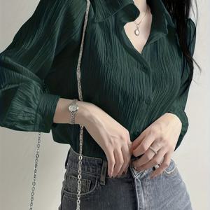 TEMU 여성용 플리츠 단색 터nda운 칼라 루즈핏 셔츠, 올리브 그린, 봄, 여름, 가을, 겨울