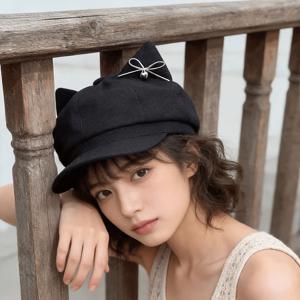 TEMU 여성용 빈티지 고양이 귀 넓은 챙 베레모 - 가벼운 팔각형 얼굴형, 리본 및 귀 장식 포함, 가을, 캐주얼 및 테마 의상에 적합, 하루 종일 착용 가능한 신축성 없음 (손세탁 가능)