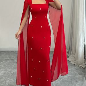 TEMU 우아한 데일리 파티 이벤트용 고급스러운 숄 칼라 쉬폰 시어 스트레치 레드 여성 드레스, 봄/여름용 맥시 머메이드 가운