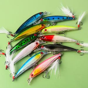 TEMU 10개 레이저 싱킹 미노우 낚시 미끼 세트, 깃털 후크 인공 미끼 크랭크베이트 9Cm/3.54In 8G/0.282Oz로 배스 잡기 더 빠르게