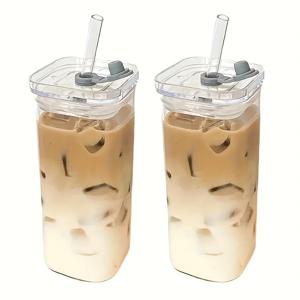 TEMU 뚜껑이 있는 2개 또는 4개 사각 유리 머그컵, 음료 마시기에 편리, 커피에 이상적, 유리 뚜껑과 빨대 포함, 컵 애호가를 위한 훌륭한 선물, 사무실, 집, 학교 및 야외에서 사용하기에 적합