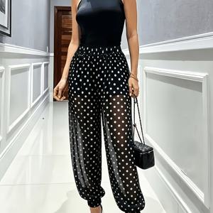 TEMU 여성용 폴카 도트 시스루 메쉬 팬츠裤, 빈티지 시스루 안감이 있는 하이웨이스트 루즈핏 하렘 팬츠