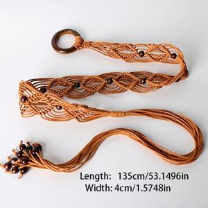 TEMU 벨트, 레트로 에스닉 스타일 벨트, 커피색 나무 구슬 왁스 로프 매듭 벨트