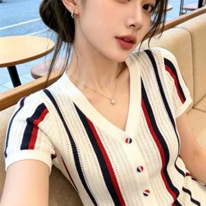 TEMU 2026년 여름 신상 한국 스타일 레트로 대비 스웨터, 여성용 게으른 스타일 슬리밍 V넥 반팔 가디건