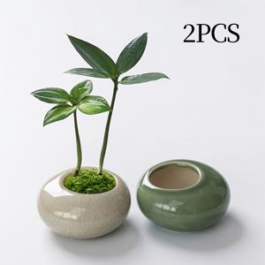 TEMU 선(禪) 스타일 미니 실내용 장식 화분 2개 세트 - 식물 미포함, 그린 & 화이트 세트, 아이스 크랙클 유약, 동양풍 미학의 화분, 다육식물 및 이끼용 소형 모던 세라믹 화분으로 적합 - 식물 애호가를 위한 선물, 가드닝 선물, 홈 데코